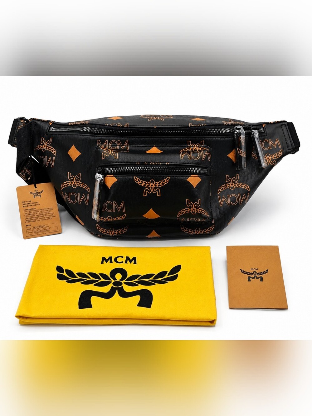 MCM Visetos Monogram Belt Bag Black Cognac NWT w/ Original Dust Bag